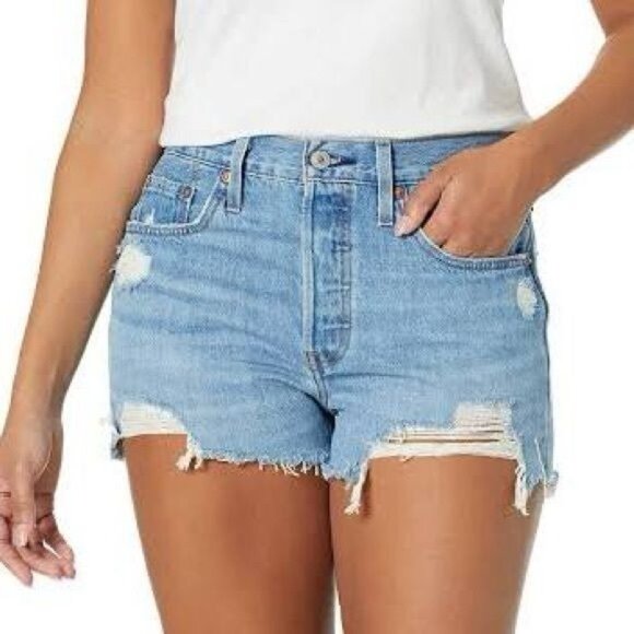 LEVI'S 501 High Rise Denim Shorts distressedSansome Stranger frayed hem 25 - Picture 2 of 11